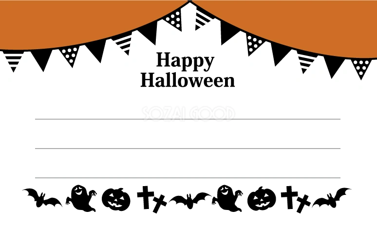 おしゃれハロウィンメッセージカードデザイン_モノトーンガーランドイラスト無料テンプレート81049
