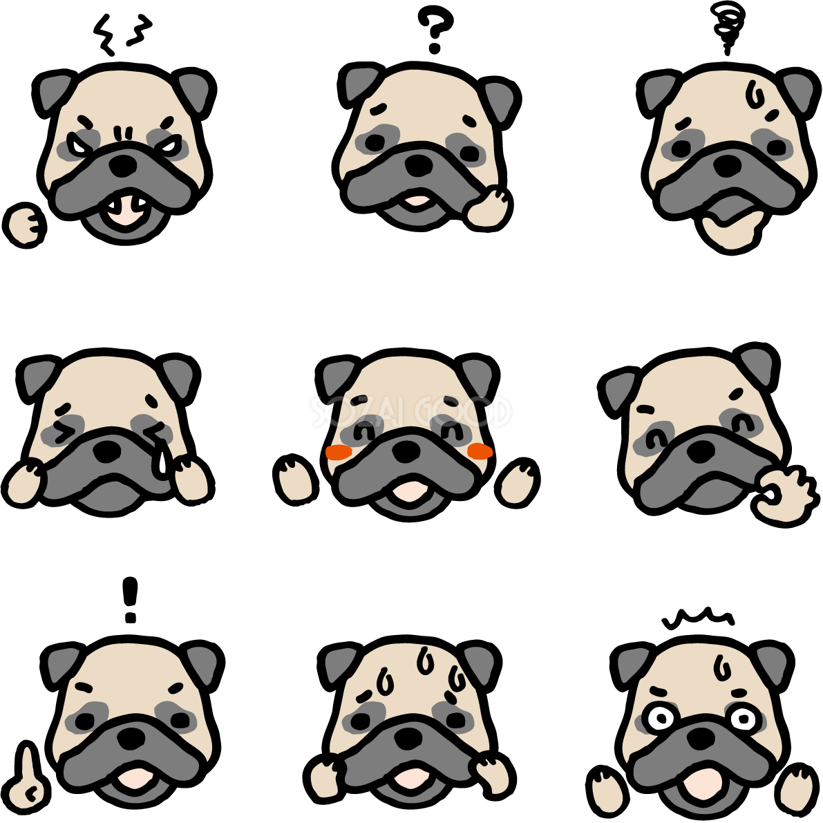 かわいい犬(パグ)の表情の無料イラスト81095