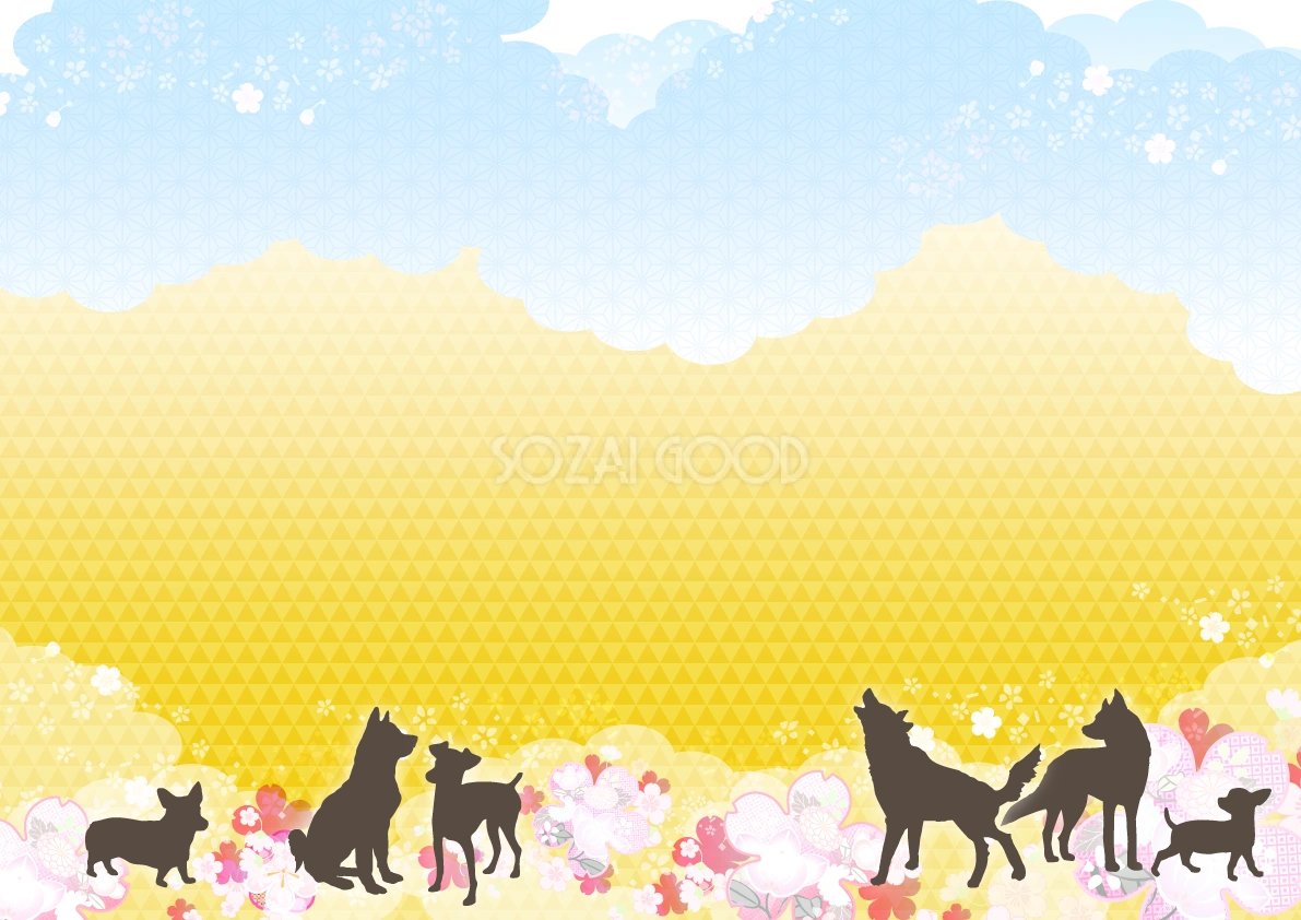 おしゃれ犬(和風シルエット)背景2018戌年干支の無料イラスト81124