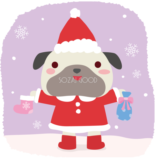 パグ 犬 サンタクロースのクリスマスかわいい動物無料イラスト 素材good