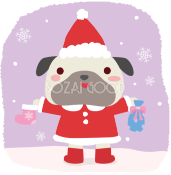 パグ(犬)サンタクロースのクリスマスかわいい動物無料イラスト81166