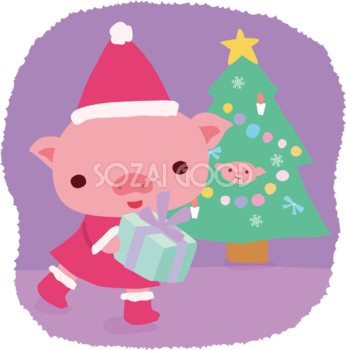 豚 サンタクロースのクリスマスかわいい動物無料イラスト81187