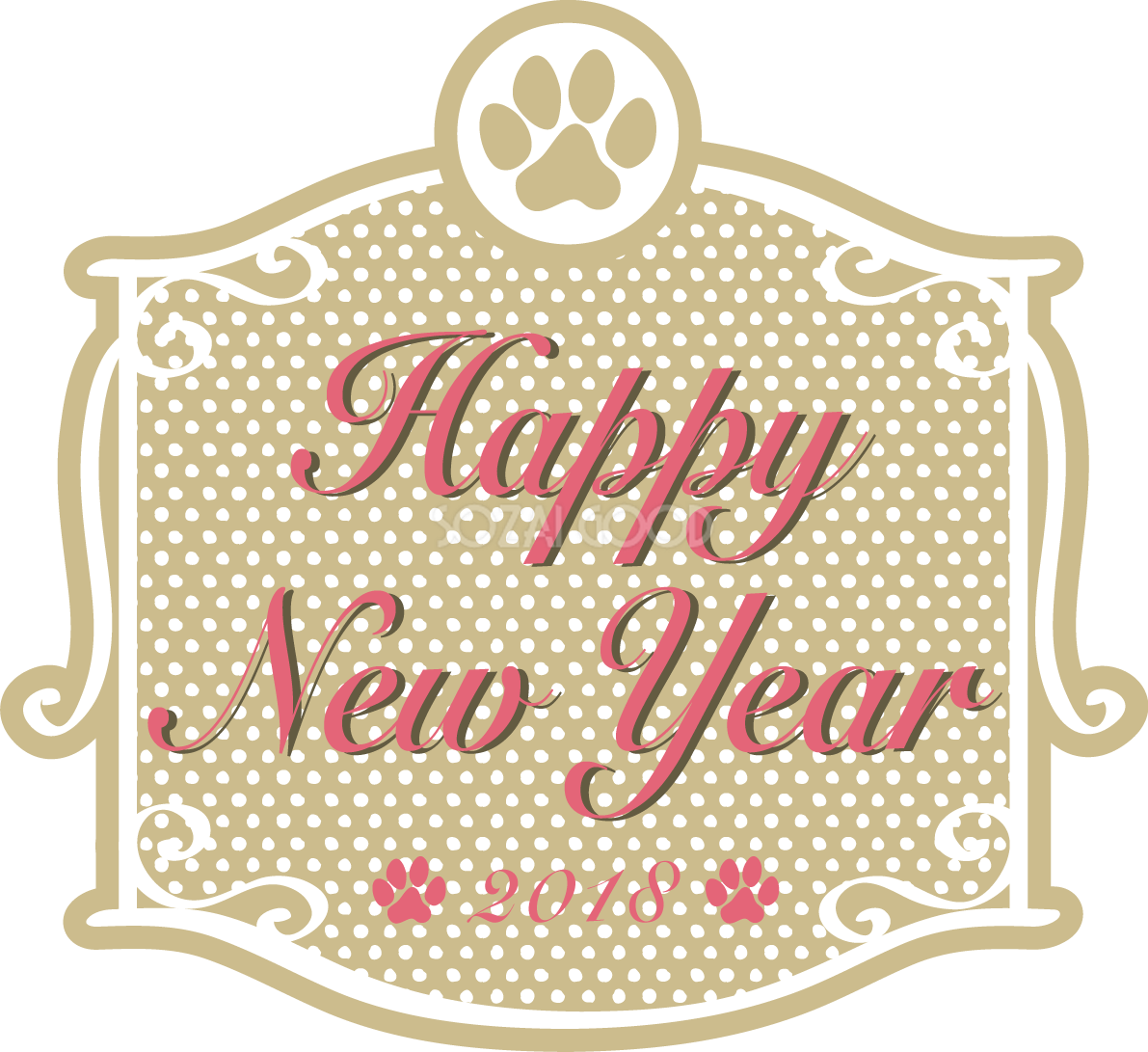 犬の肉球ドット柄の飾り枠 おしゃれかわいい2018戌年文字いり無料イラスト81211