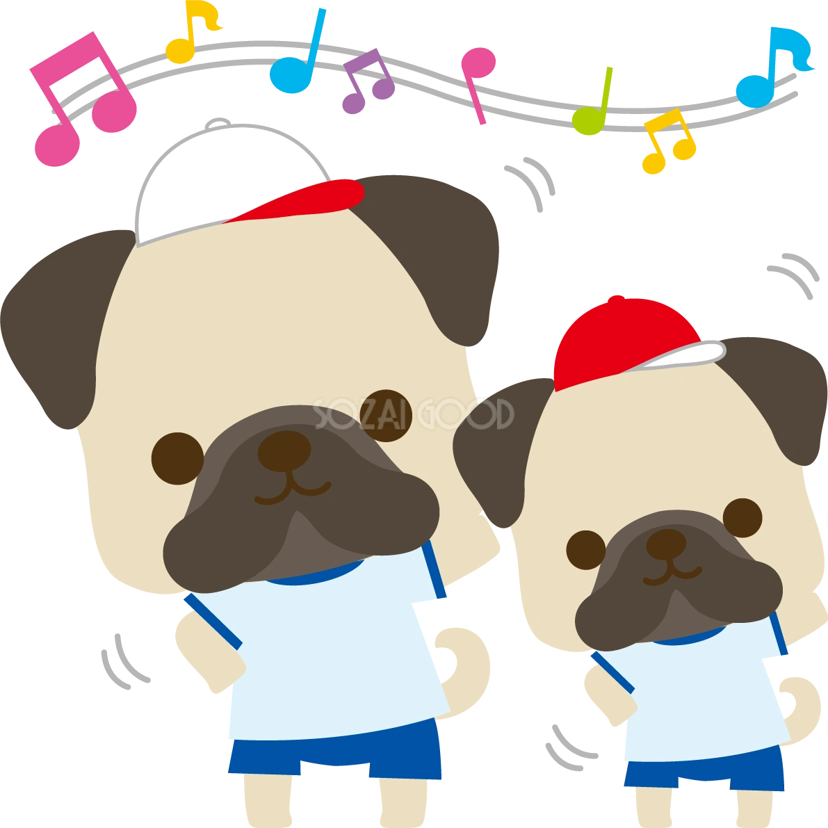 パグ(犬)の体育祭(準備運動)動物無料イラスト81241