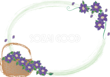クレマチス(手書き)(バスケット 緑と白)花のフレーム無料イラスト81285