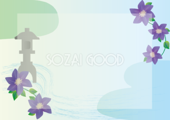 クレマチス(和風)(石灯籠 緑と青)花のフレーム 背景の無料イラスト81286