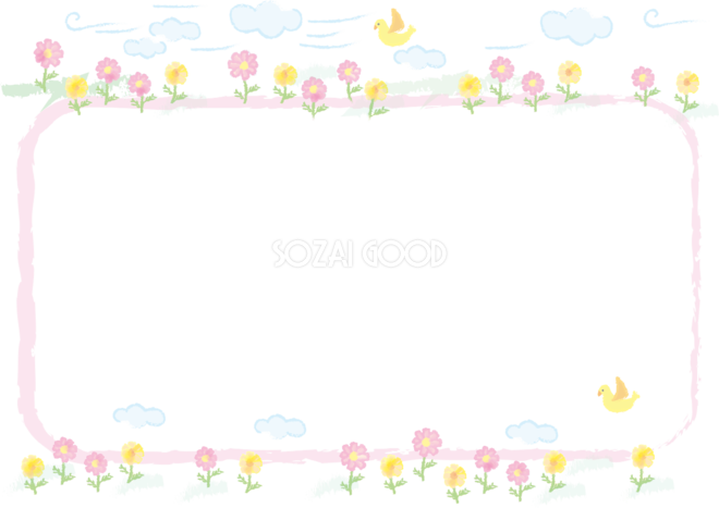 コスモス かわいい 雲とことり青色 花のフレーム枠無料イラスト81288 素材good