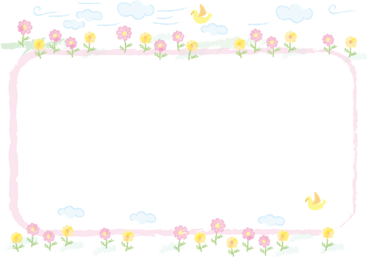 かわいい手書き風のコスモス(秋桜)雲と鳥 花のフレーム枠無料イラスト81288に写真・文字を入れる