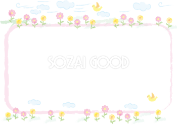 かわいい手書き風のコスモス 秋桜 雲と鳥 花のフレーム枠無料イラスト812 素材good