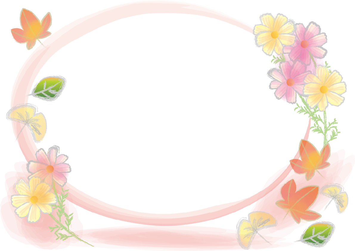 コスモス(秋桜)と落ち葉 手書き風 花のフレーム枠無料イラスト81290に写真・文字を入れる