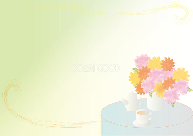 ダリア おしゃれ テーブル緑とベージュ 花のフレーム無料イラスト