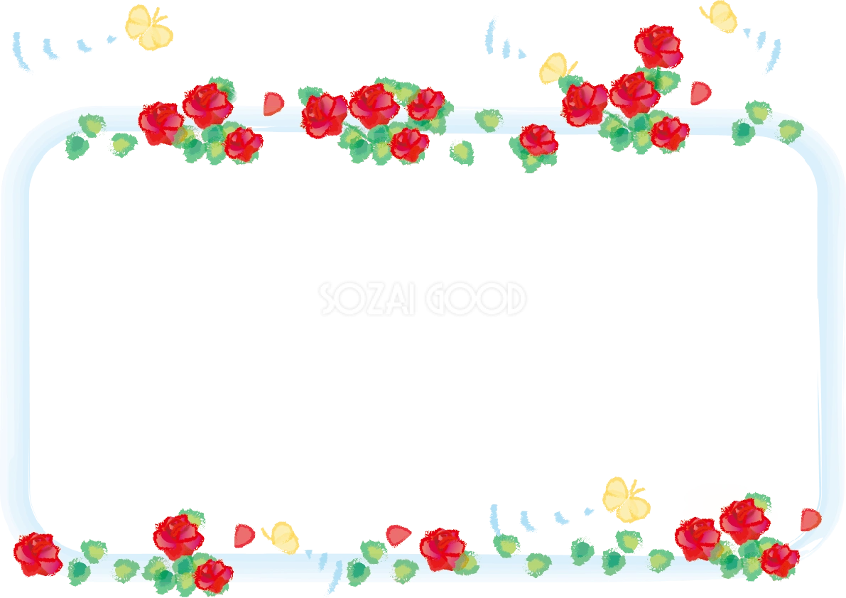 バラ(かわいい)(蝶々水色)花のフレーム無料イラスト81308