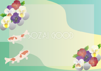 パンジー ビオラ(和風)(鯉と池青と緑)花のフレーム 背景の無料イラスト81316