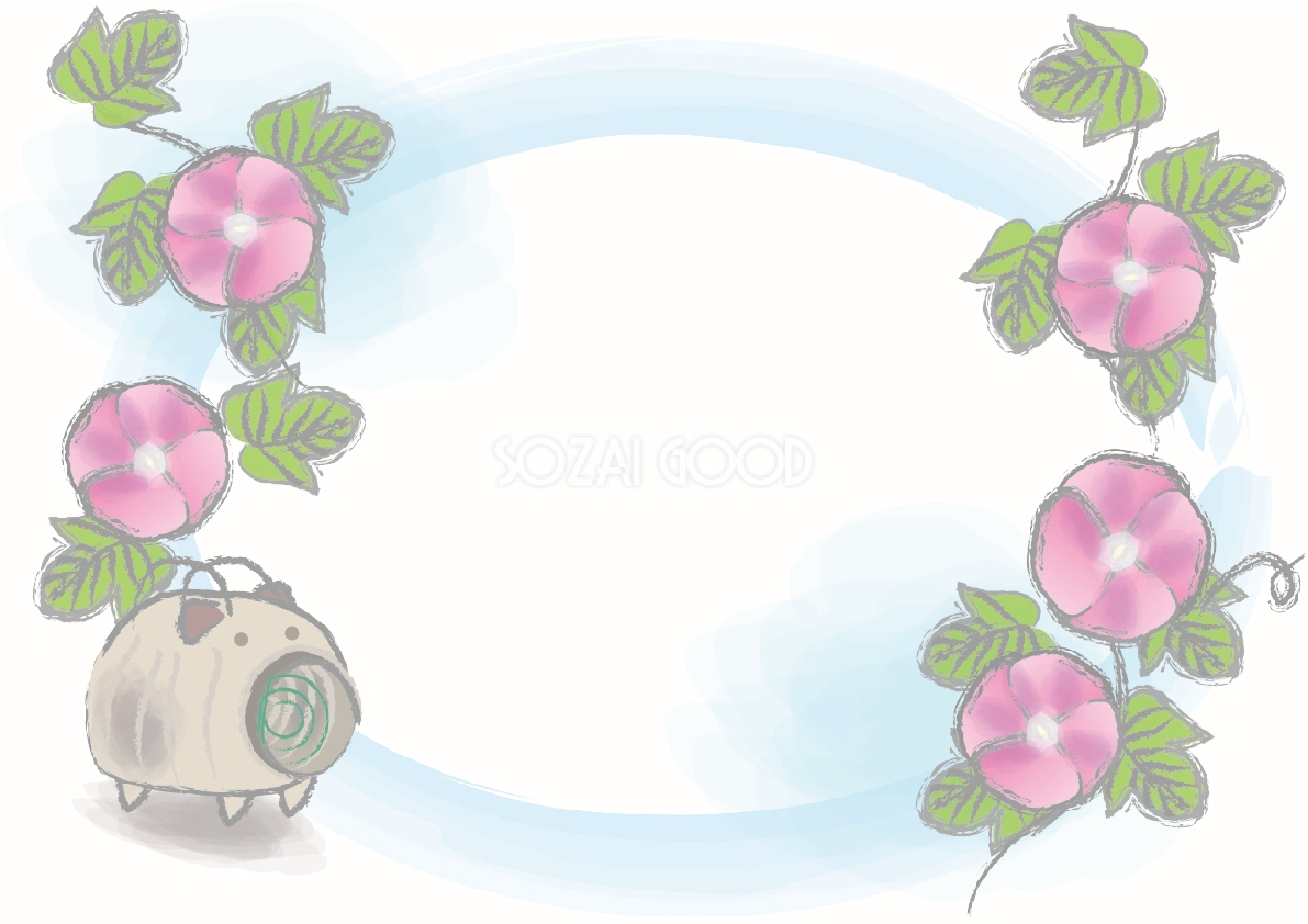 かわいい朝顔(豚の蚊遣り青と白)花のフレーム枠無料イラスト81325