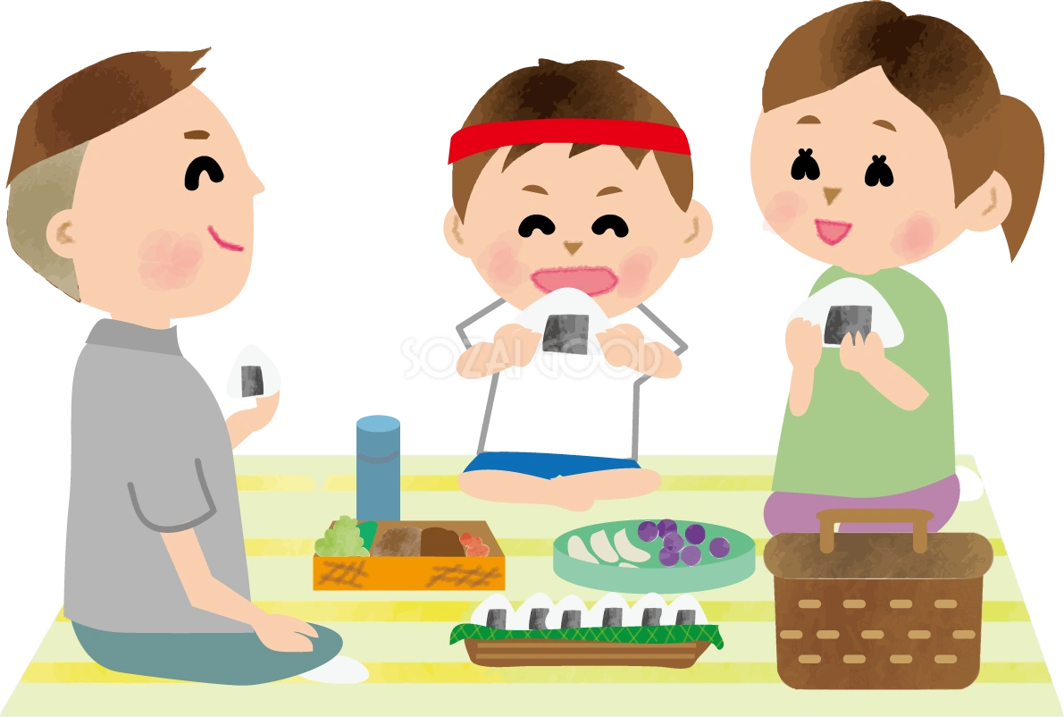 運動会で子供と保護者(親)がお弁当を食べている無料イラスト81353