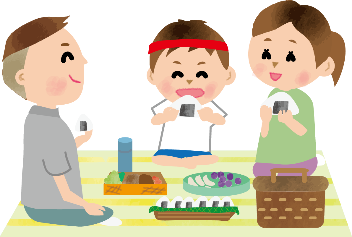 運動会で子供と保護者(親)がお弁当を食べている無料イラスト81353に写真・文字を入れる