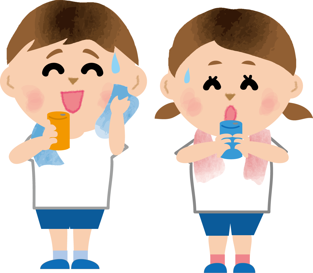 運動会後に缶ジュースを汗を流しながら飲んでいる可愛い無料イラスト81358に写真・文字を入れる