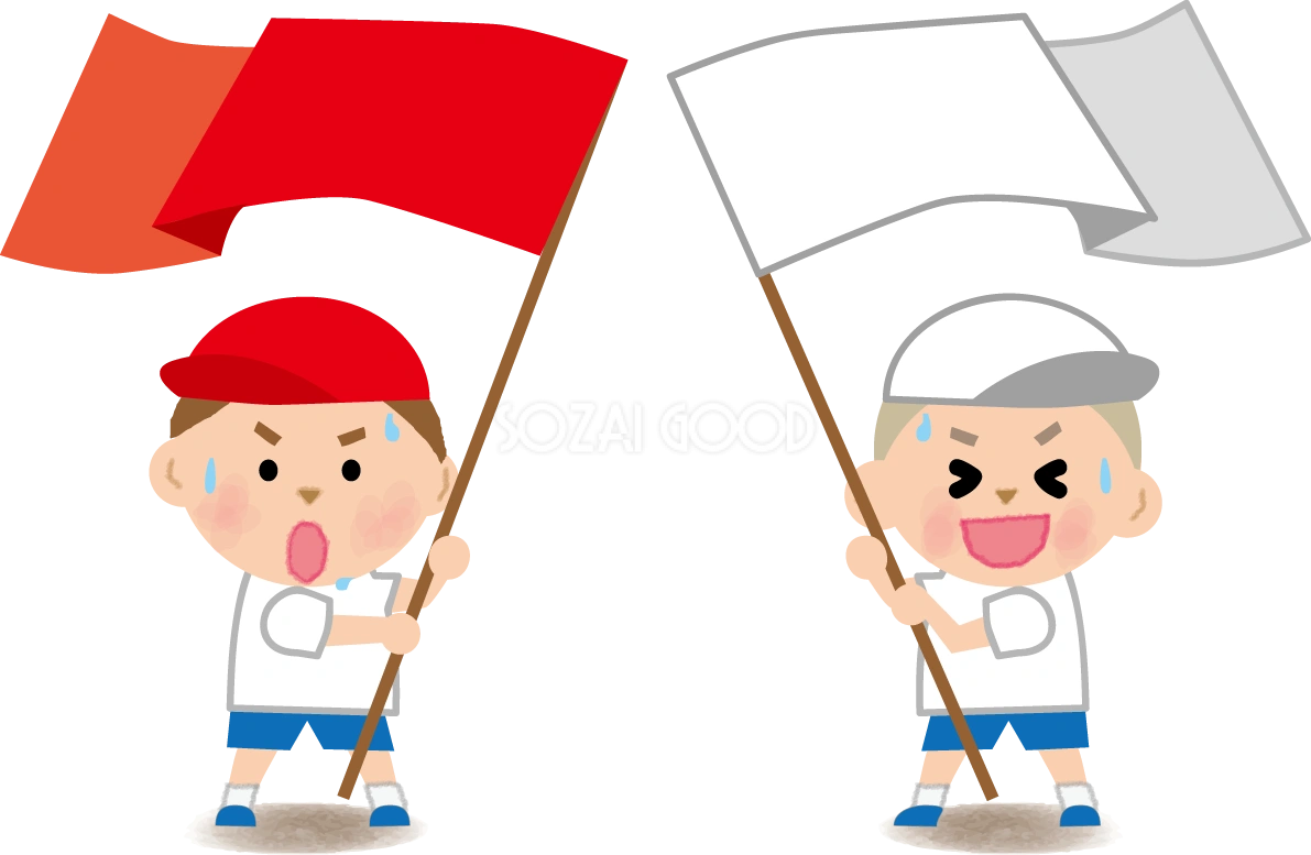 応援合戦 汗かきながら赤白で旗をふる 運動会無料イラスト81360