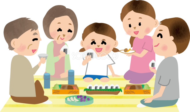 子供とお父さんお母さんおじいちゃんおばあちゃんがお弁当を食べる運動会無料イラスト81380 素材good
