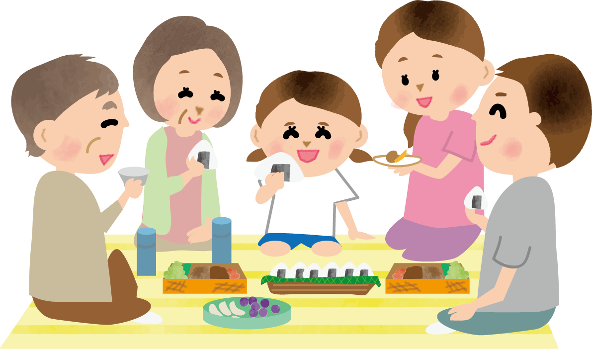 子供とお父さんお母さんおじいちゃんおばあちゃんがお弁当を食べる運動会無料イラスト81380に写真・文字を入れる