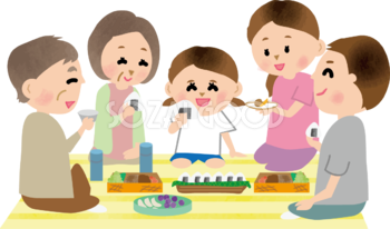 子供とお父さんお母さんおじいちゃんおばあちゃんがお弁当を食べる運動会無料イラスト81380