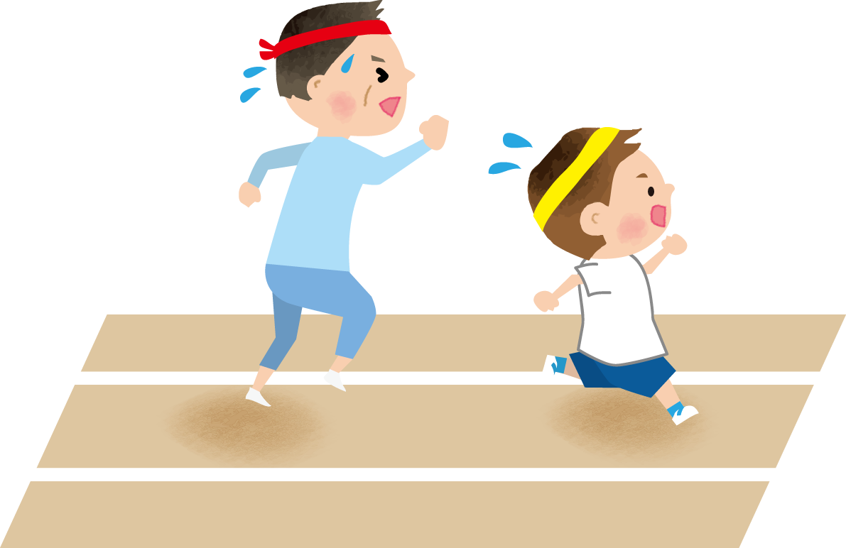 先生(大人)と子供が徒競走で走る運動会無料イラスト81387に写真・文字を入れる