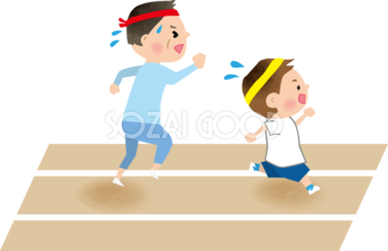 先生(大人)と子供が徒競走で走る運動会無料イラスト81387