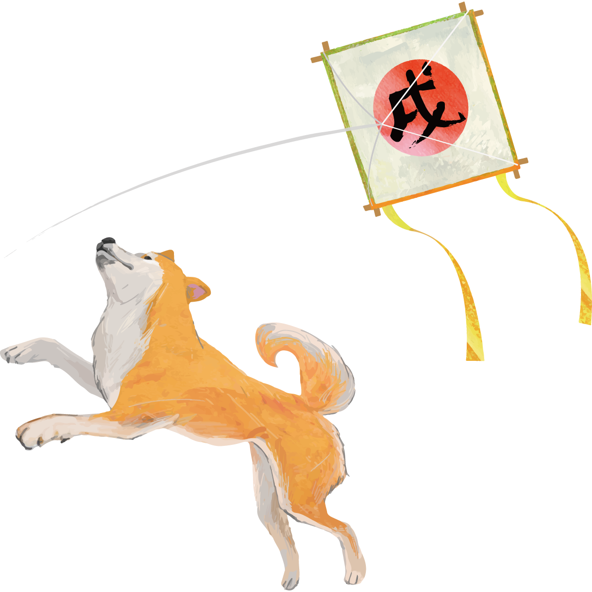 (凧を追いかける柴犬)戌年2018干支無料イラスト81434に写真・文字を入れる