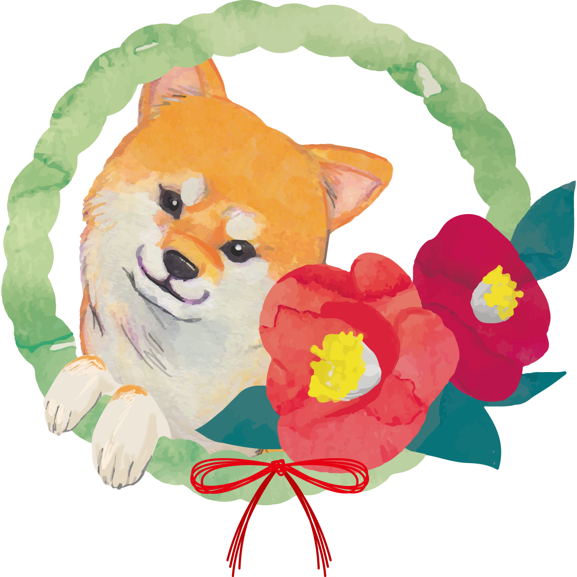 (椿飾りと柴犬)戌年2018干支無料イラスト81435に写真・文字を入れる