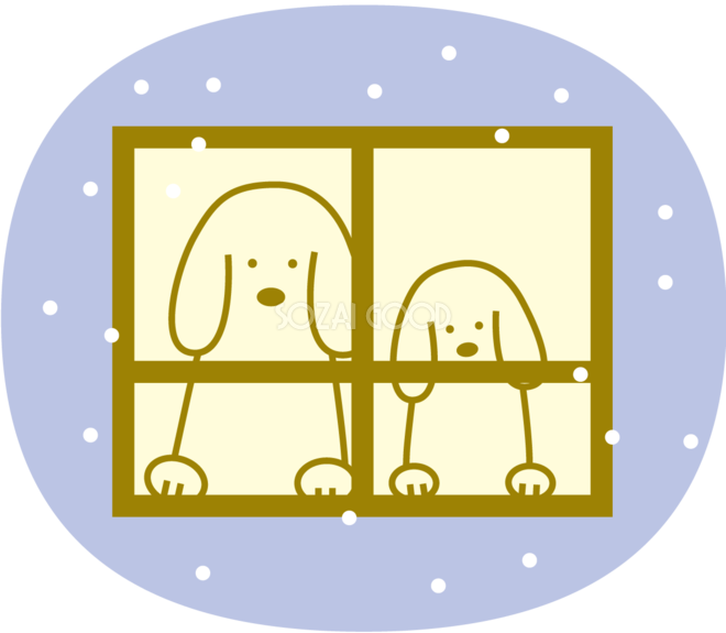 窓からのぞく親子の犬と雪おしゃれ18戌年無料イラスト 素材good