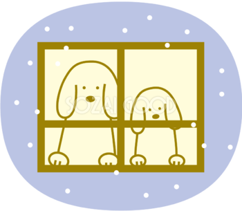 窓からのぞく親子の犬と雪おしゃれ2018戌年無料イラスト81466