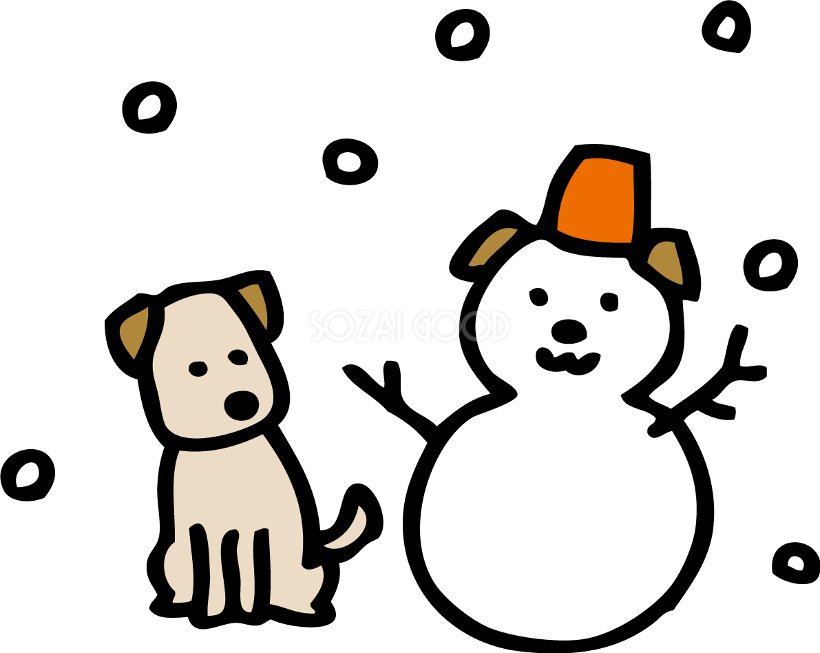 犬の形の雪だるまを見つめる犬かわいい2018戌年無料イラスト81691