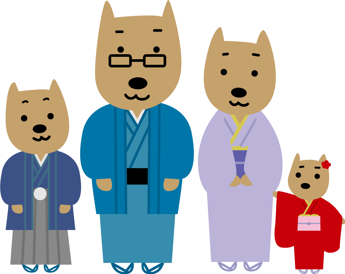 着物姿の犬の4人家族かわいい2018戌年無料イラスト81695に写真・文字を入れる
