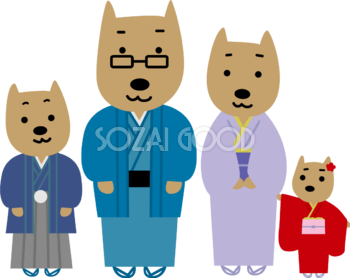 着物姿の犬の4人家族かわいい2018戌年無料イラスト81695
