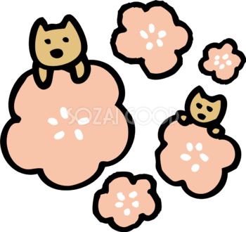 梅の花に乗っかる犬たちかわいい2018戌年無料イラスト81699