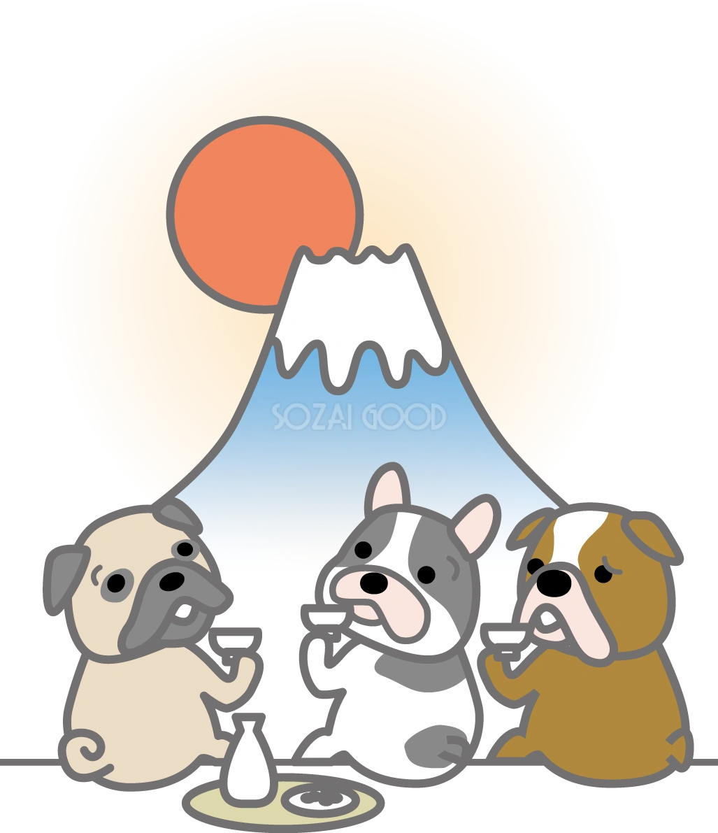 富士山を眺めるパグとフレンチブルドッグとブルドッグ 戌年2018かわいい無料イラスト81716