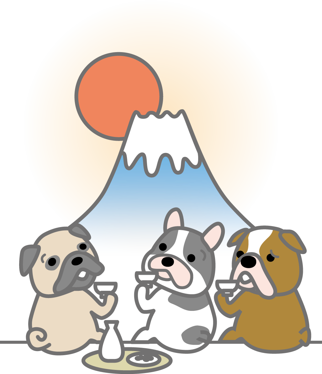 富士山を眺めるパグとフレンチブルドッグとブルドッグ 戌年2018かわいい無料イラスト81716に写真・文字を入れる