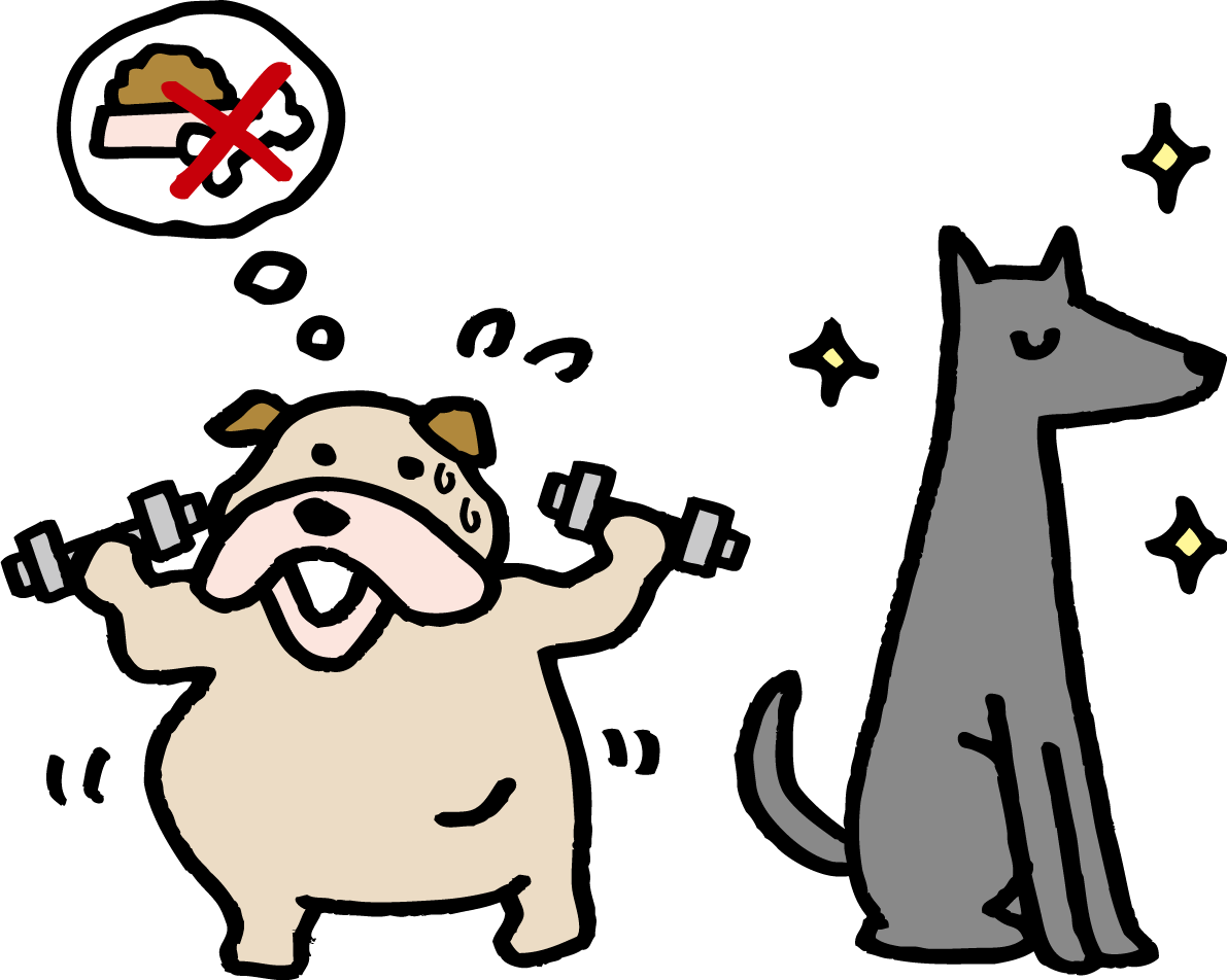 スリムな犬を見てダイエットする太った犬 かわいい無料イラスト81738に写真・文字を入れる
