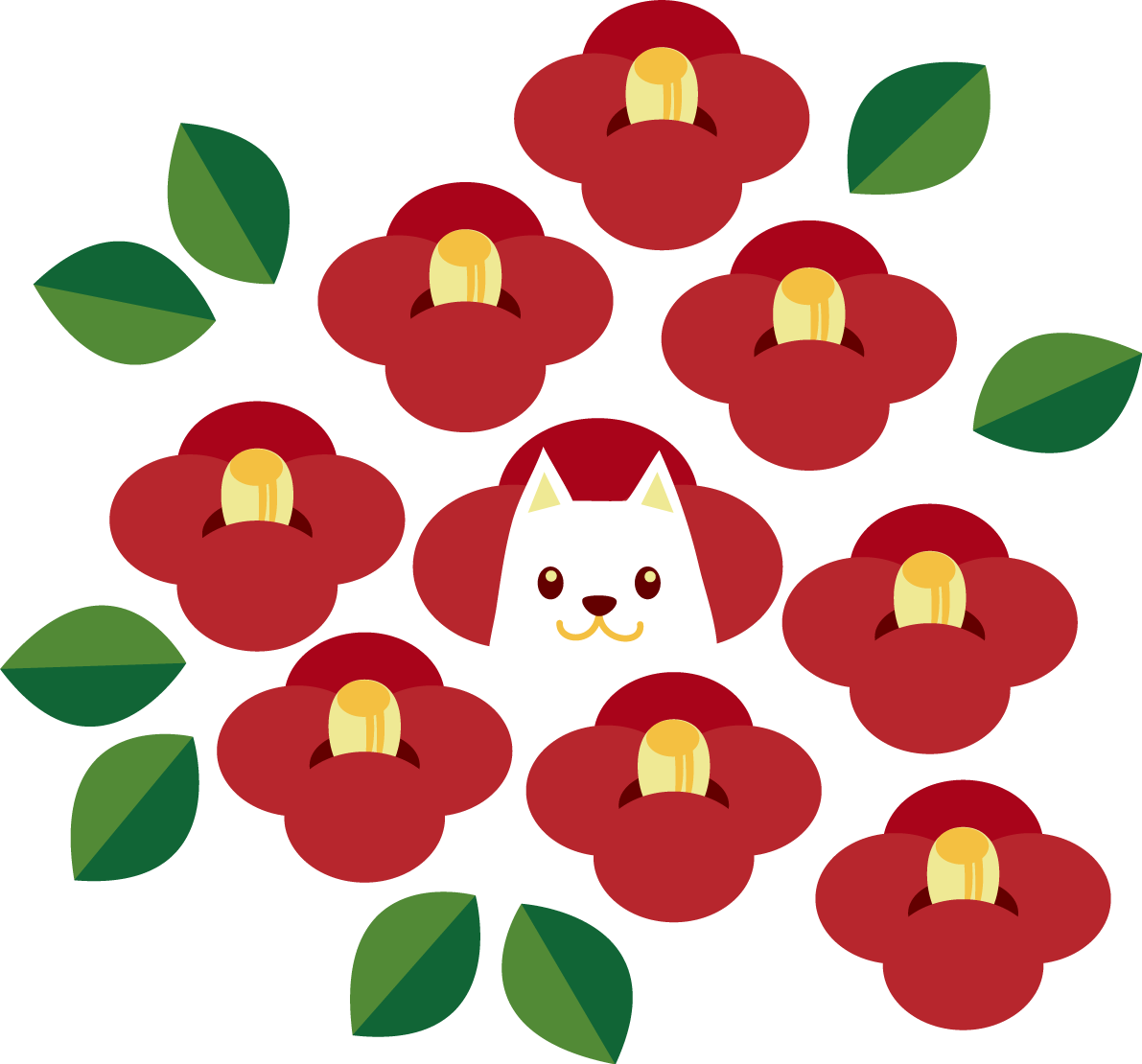 椿に隠れる白い犬 かわいい無料イラスト81805に写真・文字を入れる