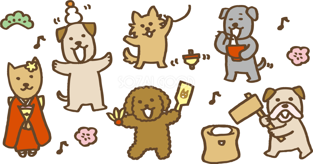 犬のお正月セットパターン 戌年2018かわいい無料イラスト81849