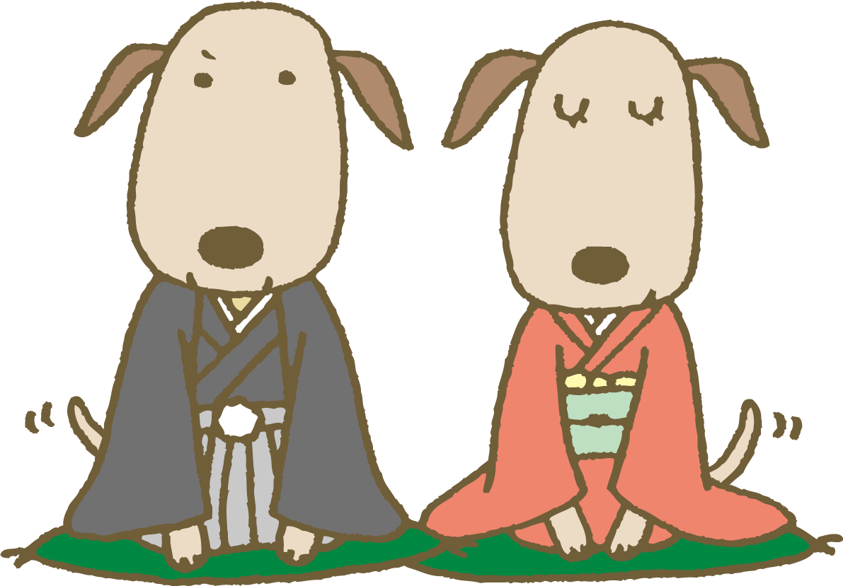 手書きの着物姿の戌2匹 戌年2018かわいい無料イラスト81855に写真・文字を入れる