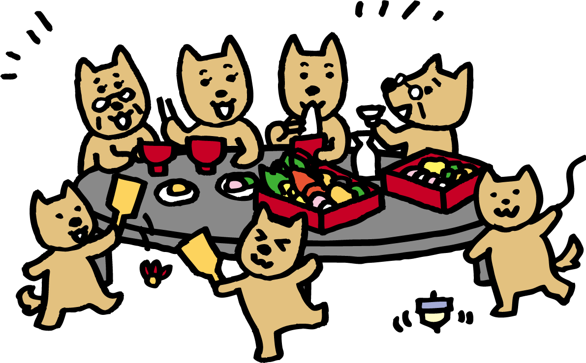 食卓を囲む家族の犬 戌年2018かわいい無料イラスト81858に写真・文字を入れる