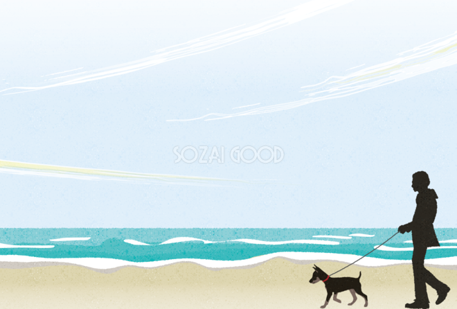 海で犬を散歩するおしゃれ背景フリー無料イラスト249 素材good