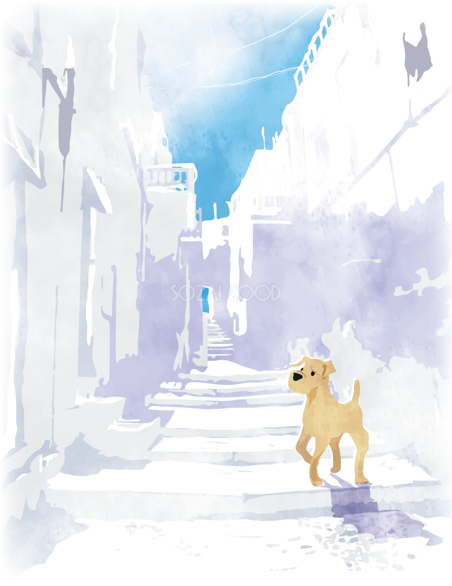 かっこいい犬(白い町並みを歩く)背景(縦)無料イラスト82260