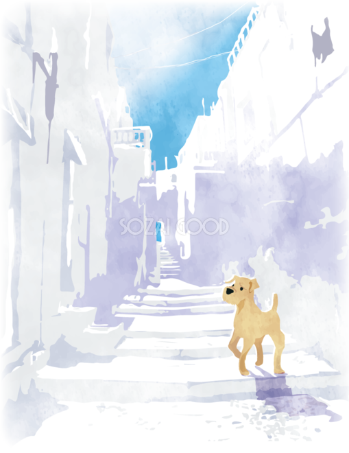 かっこいい犬 白い町並みを歩く 背景 縦 無料イラスト260 素材good