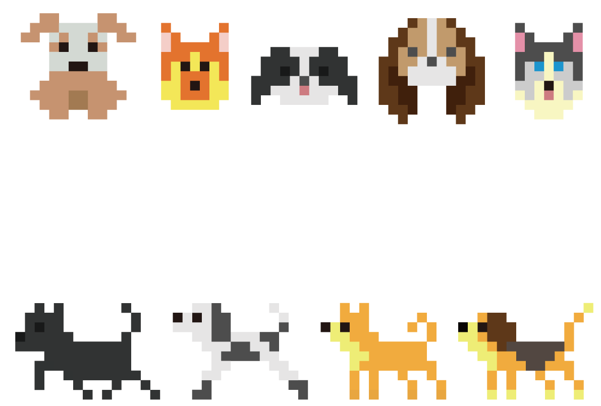 かわいい犬(ドット絵)背景無料イラスト82264に写真・文字を入れる