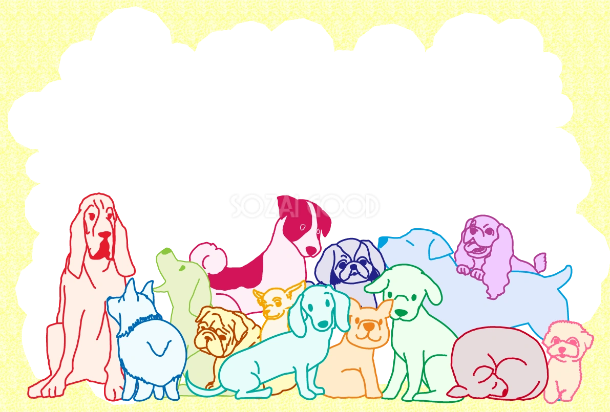 かわいい犬(勢揃い)背景無料イラスト82267