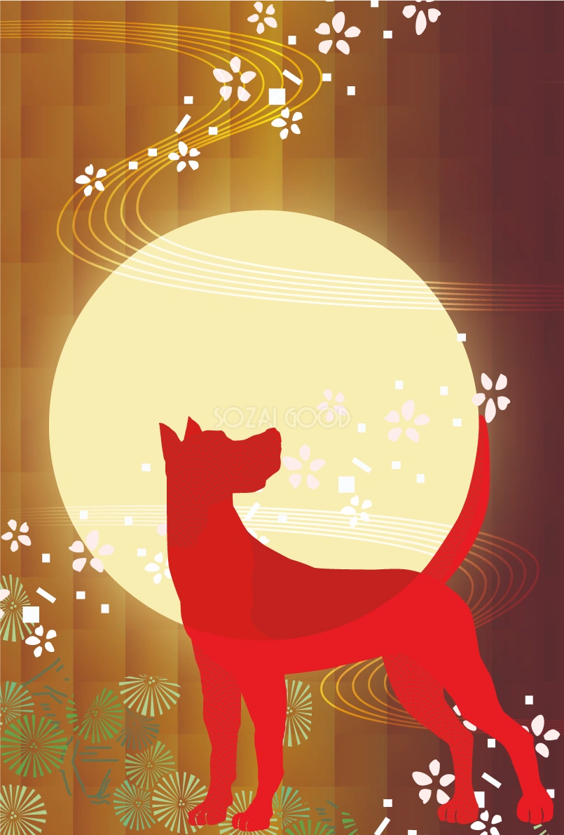 和風 犬(月)背景(縦)無料イラスト82278