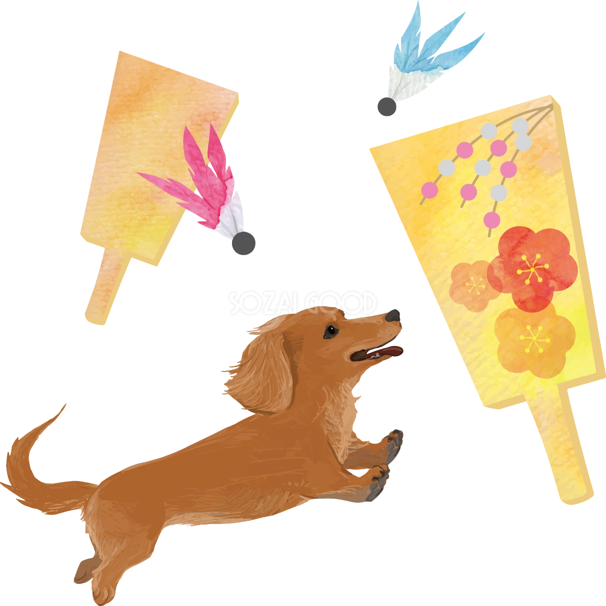 ミニチュア・ダックスフンド犬 羽子板 戌年2018干支無料イラスト82409