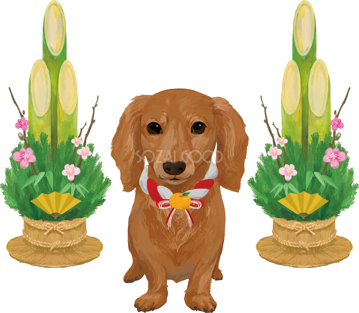 ミニチュア・ダックスフンド犬 門松 戌年2018干支無料イラスト82424